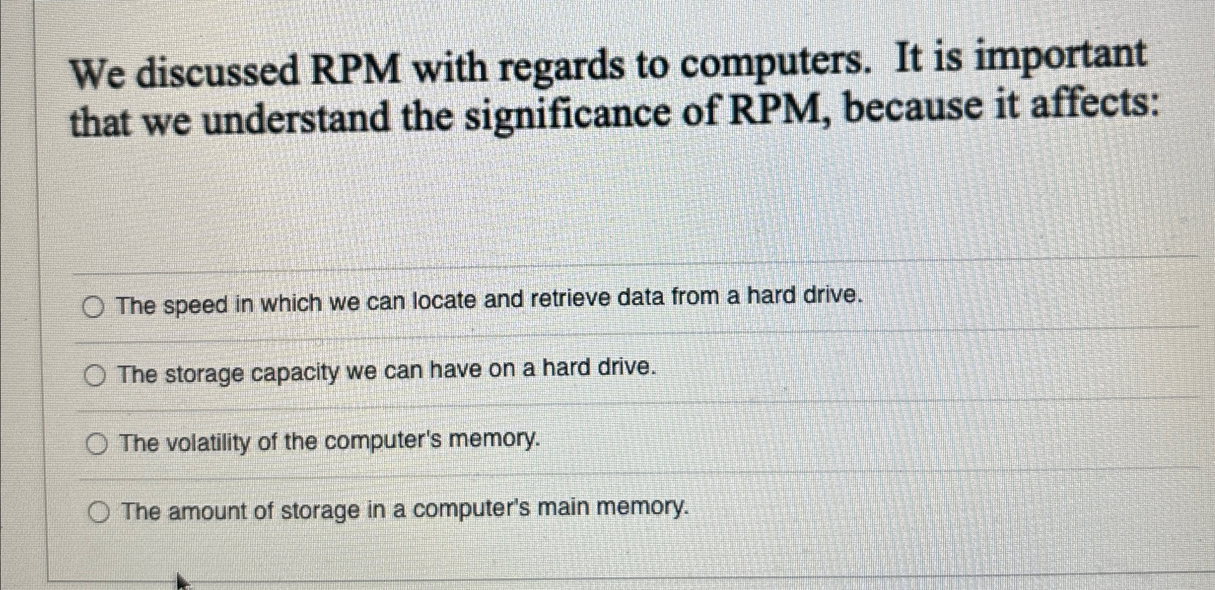 Solved We discussed RPM with regards to computers. It is | Chegg.com