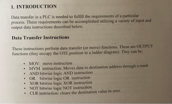 Solved Data transfer in a PLC is needed to fulfill the | Chegg.com