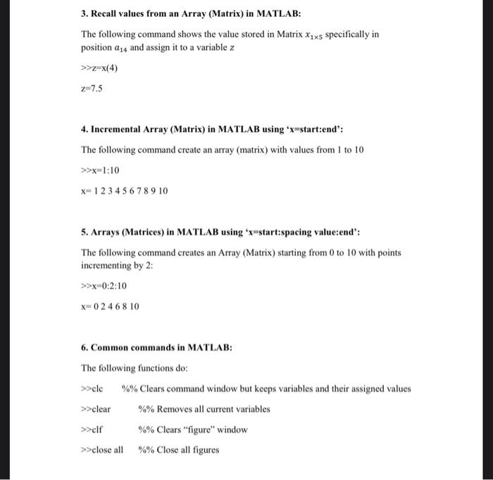 Solved 3. Recall values from an Array (Matrix) in MATLAB: | Chegg.com