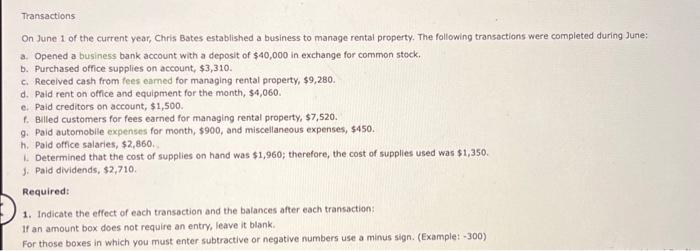 Transactions
On June 1 of the current year, Chris Bates established a business to manage rental property. The following trans