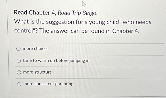 Solved Read Chapter 4, Road Trip Bingo. What is the | Chegg.com
