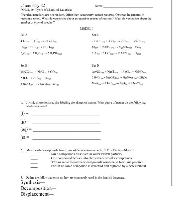 Solved Chemistry 22 Name Pogil 10 Types Of Chemical Rea Chegg Com