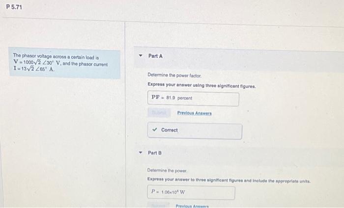 Solved The phasor voltage across a certain load is | Chegg.com