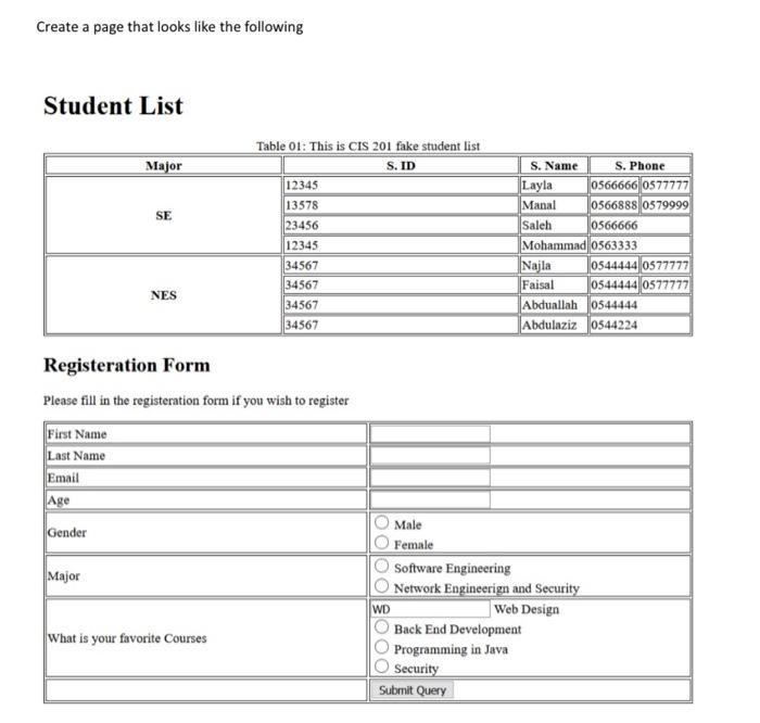 Solved Create a page that looks like the following Student | Chegg.com