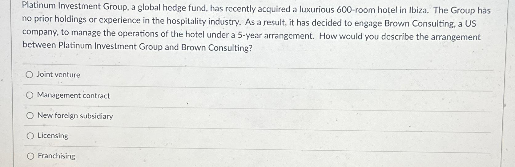 Solved Platinum Investment Group, a global hedge fund, has