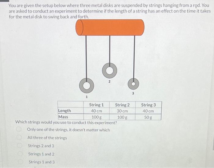 You are given the setup below where three metal disks are suspended by strings hanging from a rod. You are asked to conduct a