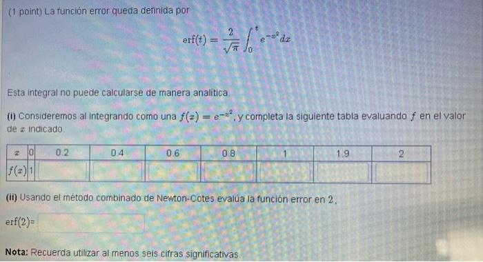 (1 point) La función error queda definida por \[ \operatorname{erf}(t)=\frac{2}{\sqrt{\pi}} \int_{0}^{t} e^{-x^{2}} d x \] Es