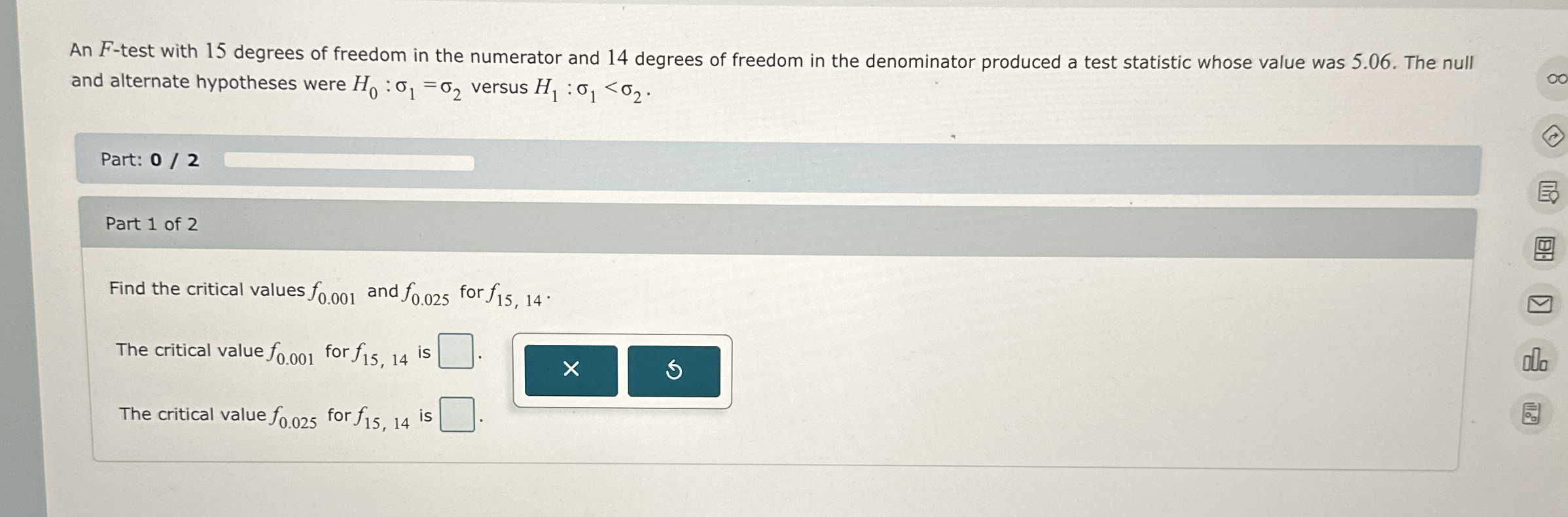 Solved An F-test with 15 ﻿degrees of freedom in the | Chegg.com image.