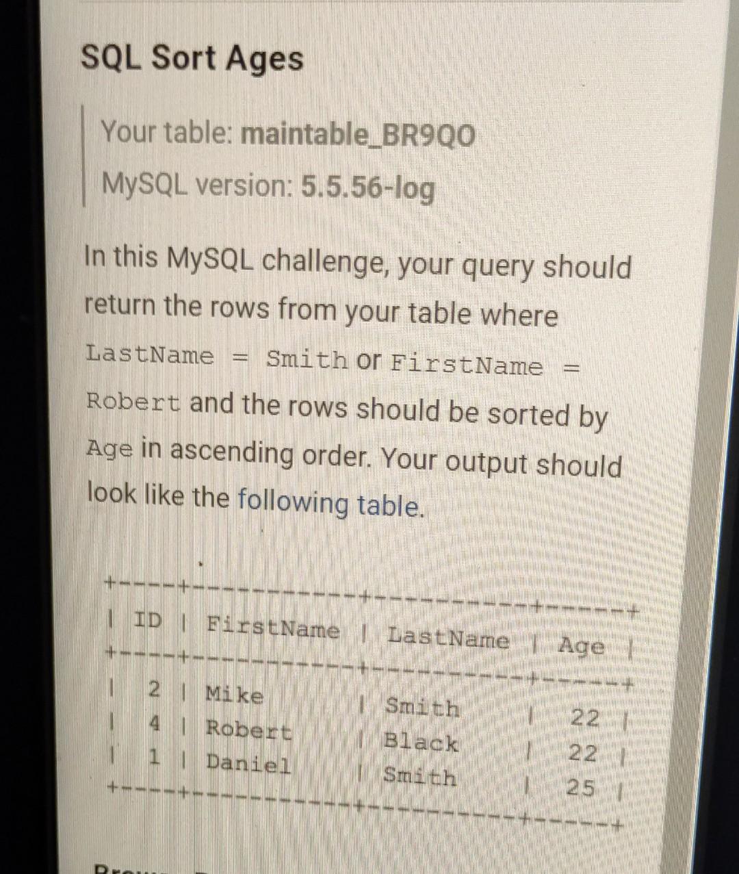 Solved SQL Sort Ages Your table maintable BR9QO MySQL Chegg