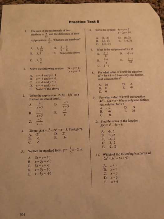 Solved Algebra Practive Test 8please Awnswer In Abcdealge Chegg Com