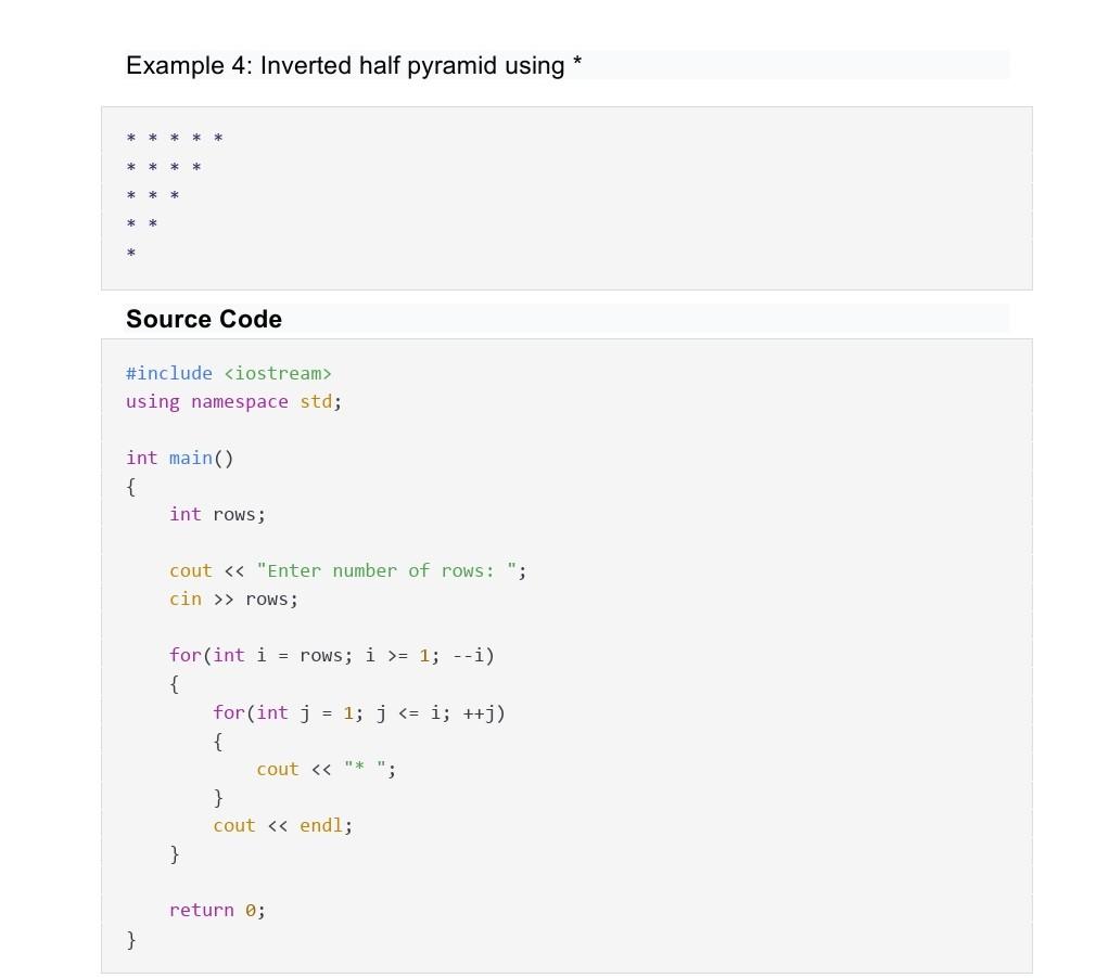Solved Example 4: Inverted half pyramid using * * * * * * * | Chegg.com