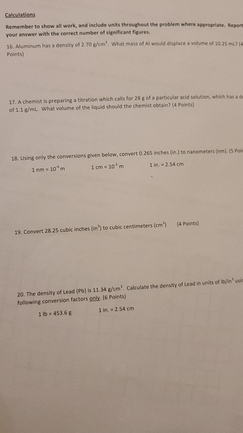 Solved Calculations Remember to show all work, and include | Chegg.com