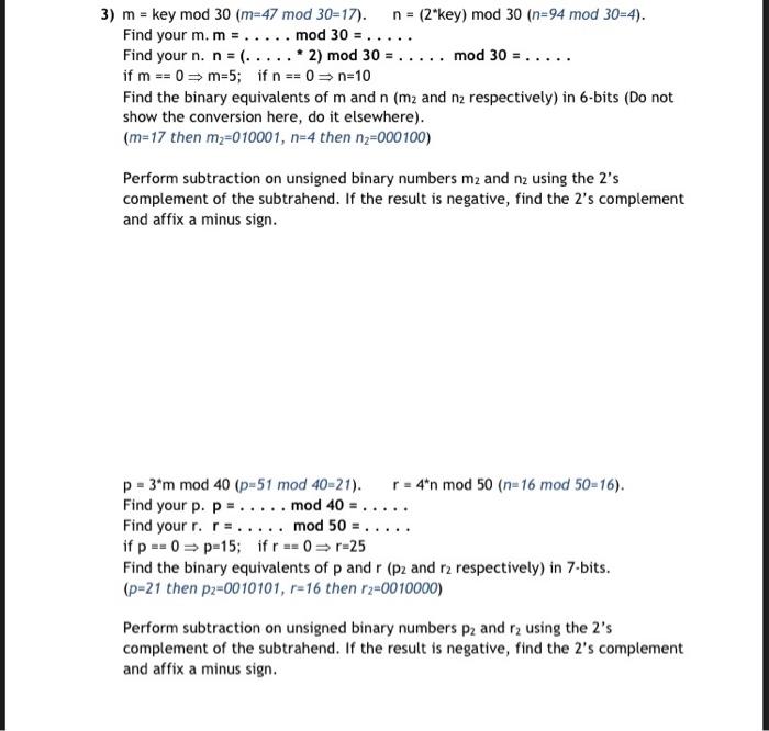 Solved 3) m = key mod 30 (m=47 mod 30=17). n = (2*key) mod | Chegg.com