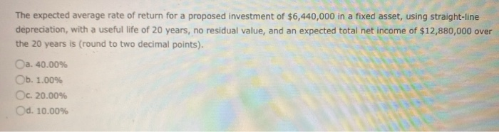 Solved The expected average rate of return for a proposed | Chegg.com
