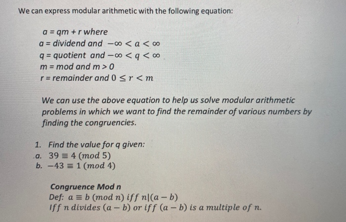 Solved We can express modular arithmetic with the following | Chegg.com