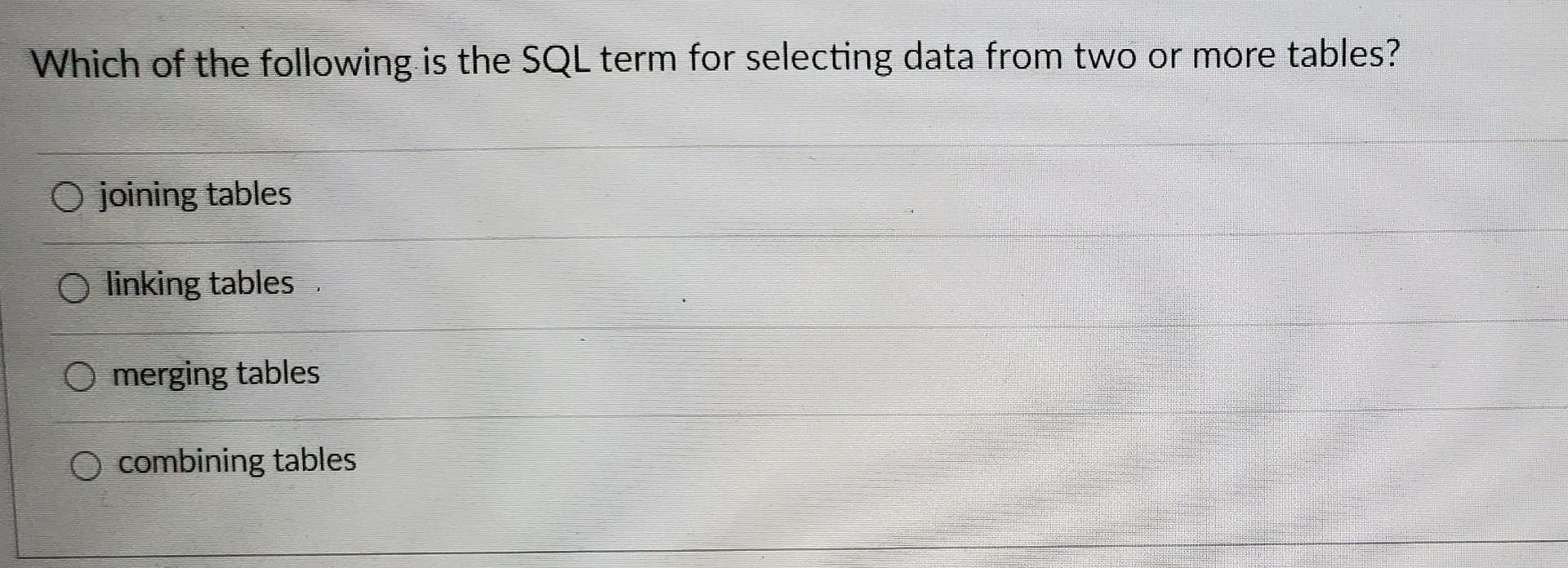 Solved Which of the following is the SQL term for selecting | Chegg.com