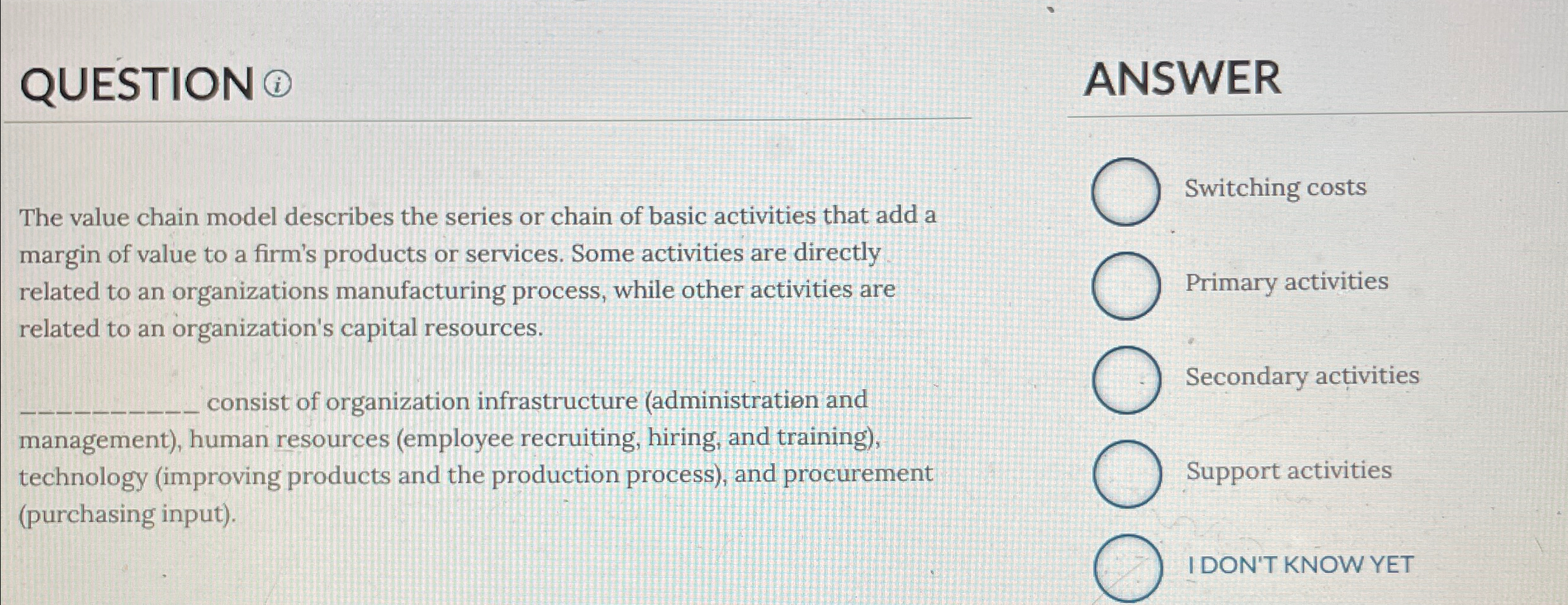 Solved QUESTION The value chain model describes the series | Chegg.com