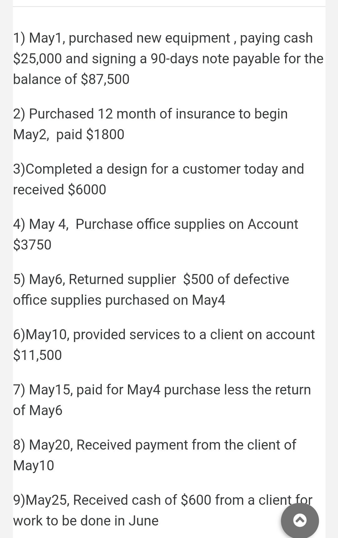 1) May1, purchased new equipment , paying cash