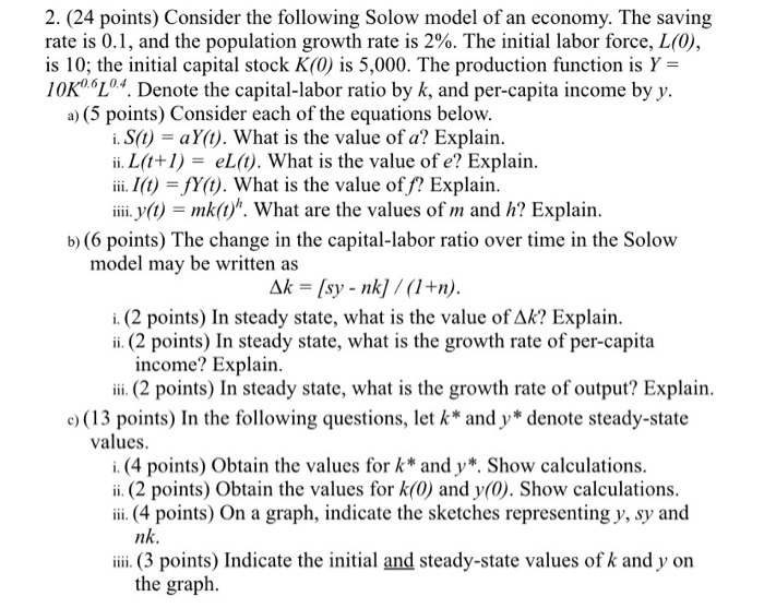 Solved 2. (24 points) Consider the following Solow model of | Chegg.com