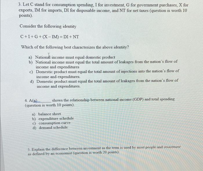Solved 3. Let C stand for consumption spending, I for