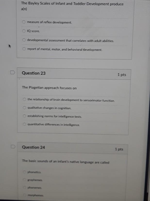 Sensorimotor tests of outlet infant development