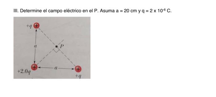 III. Determine el campo eléctrico en el P. Asuma \( \mathrm{a}=20 \mathrm{~cm} \) y \( \mathrm{q}=2 \times 10^{-6} \mathrm{C}