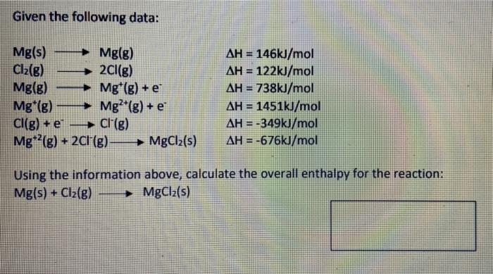 Solved Given The Following Data Mg S Mg 8 Cl2 G 2cl G Chegg Com