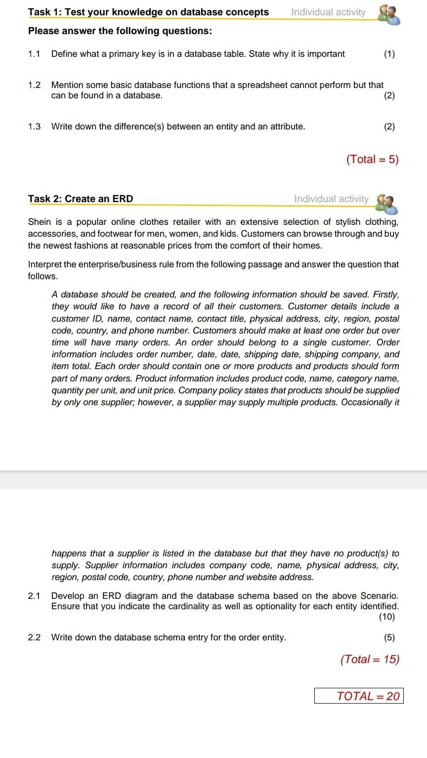 Solved Task 1: Test your knowledge on database concepts | Chegg.com