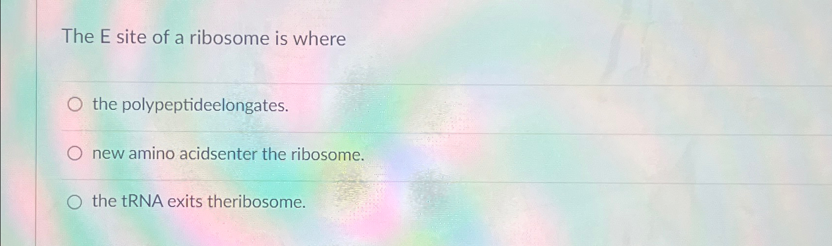 Solved The E ﻿site of a ribosome is wherethe | Chegg.com