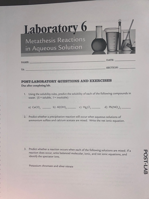 Solved Laboratory 6 Metathesis Reactions in Aqueous Solution | Chegg.com
