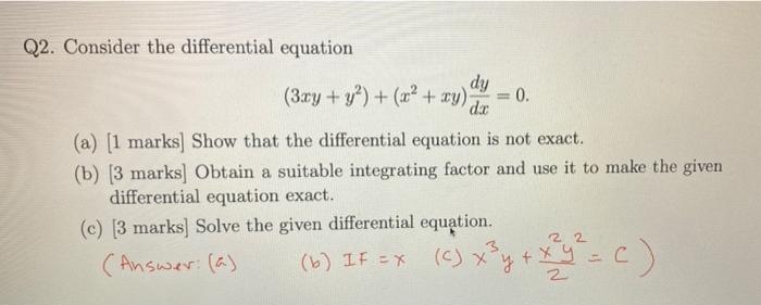 Solved Q2. Consider the differential equation dy (3.cy + y) | Chegg.com