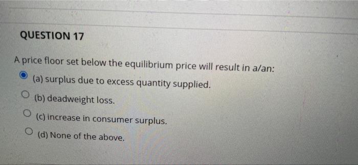 Solved QUESTION 17 A Price Floor Set Below The Equilibrium | Chegg.com