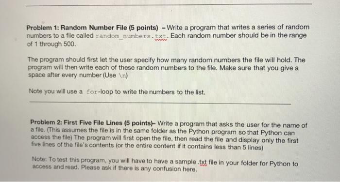 Solved Problem 1: Random Number File (5 points) - Write a | Chegg.com