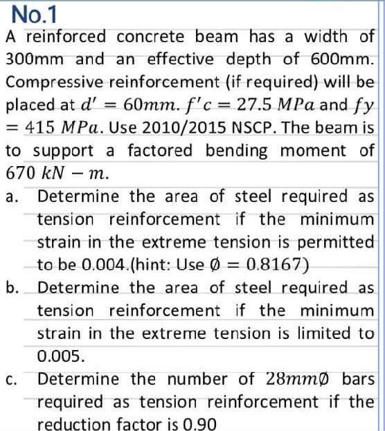 Solved A Reinforced Concrete Beam Has A Width Of 310mm And An