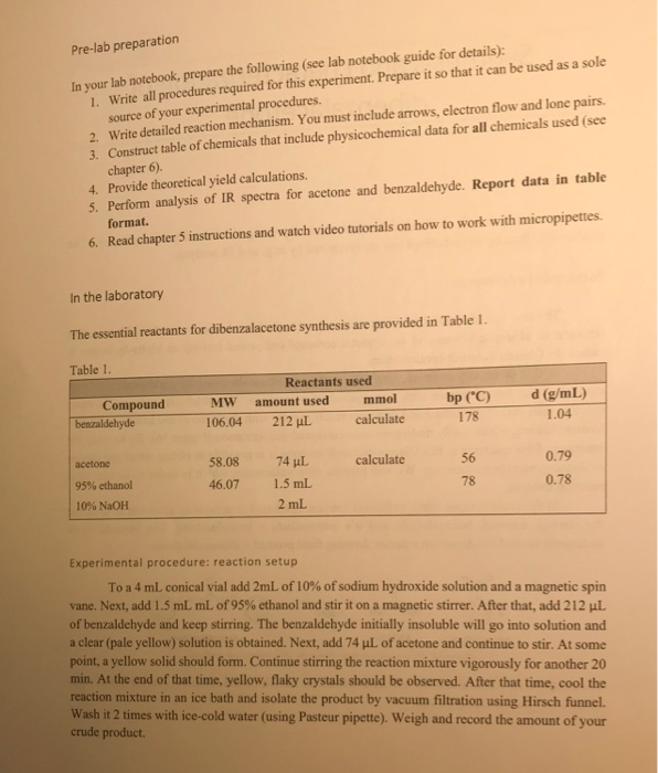 Pre-lab preparation In your lab notebook, prepare the | Chegg.com