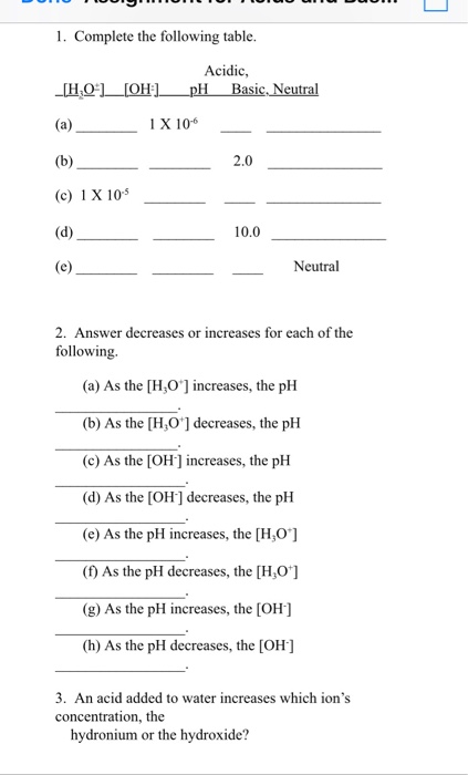 Solved 1 Complete The Following Table Acidic H O Chegg Com