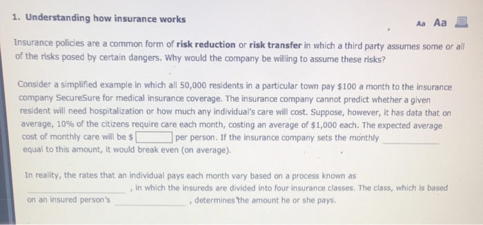 Solved 1. Understanding how insurance works Aa Aa E | Chegg.com