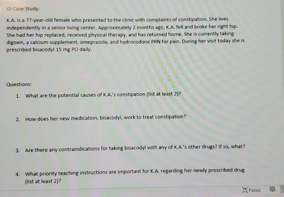 Solved Gl Case Study: K.A. is a 77-year-old female who | Chegg.com