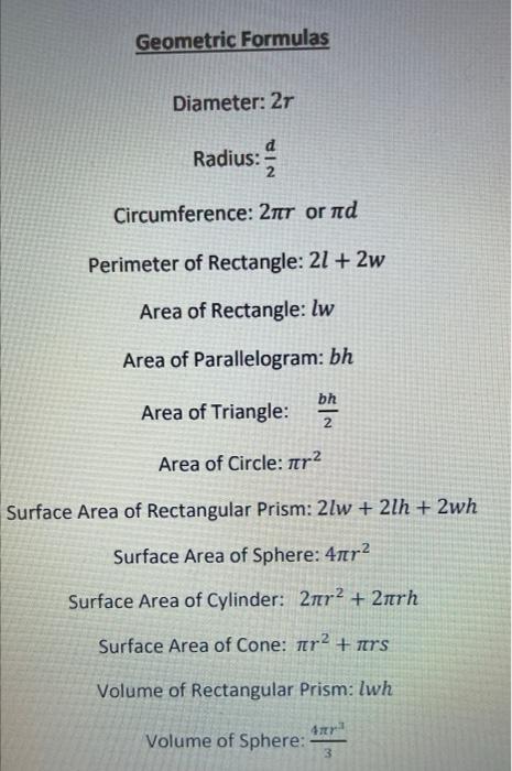 Solved Geometric Formulas Diameter: 2r Radius: 2d | Chegg.com