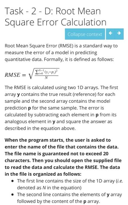 Solved Task - 2 - D: Root Mean Square Error Calculation | Chegg.com
