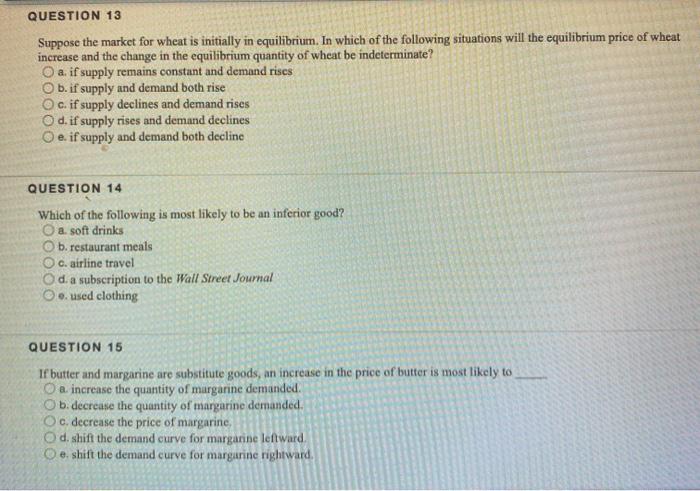 Solved QUESTION 13 Suppose the market for wheat is initially | Chegg.com