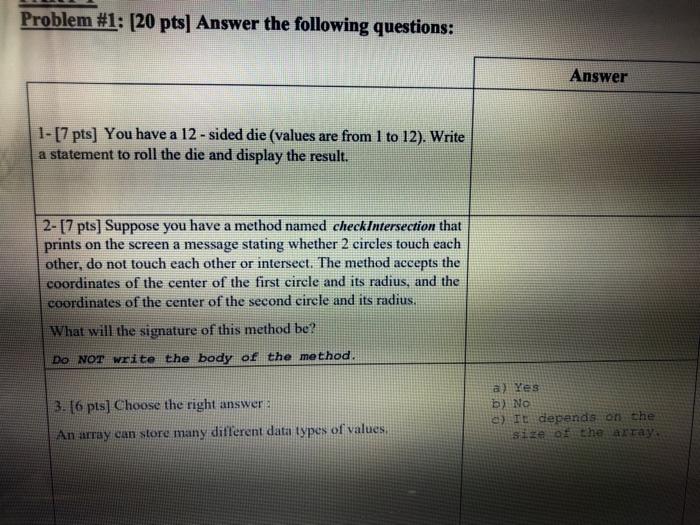 Solved Problem #1: (20 pts] Answer the following questions: | Chegg.com