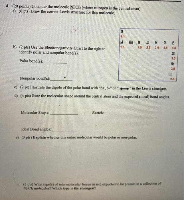 Solved 4. (20 points) Consider the molecule NFCl2 (where | Chegg.com
