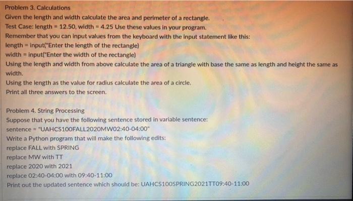 Solved Problem 3. Calculations Given the length and width | Chegg.com