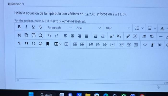 Halla la ecuación de la hipérbola con vértices en \( (\pm 2,0) \) y focos en \( (\pm 11,0) \).