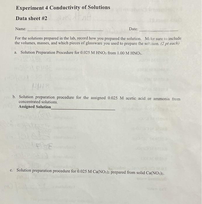 Solved Experiment 4 Conductivity of Solutions Data sheet 1