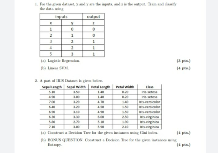 Solved 1. For the given dataset, x and y are the inputs, and | Chegg.com