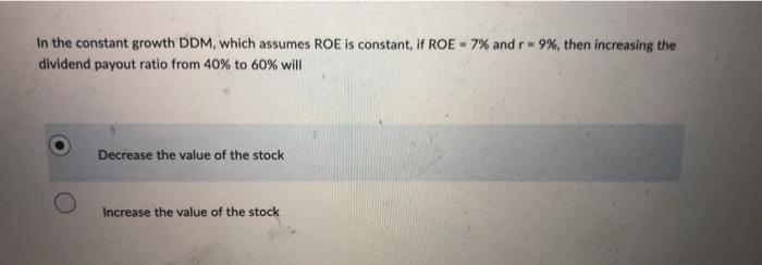 Solved In the constant growth DDM, which assumes ROE is | Chegg.com