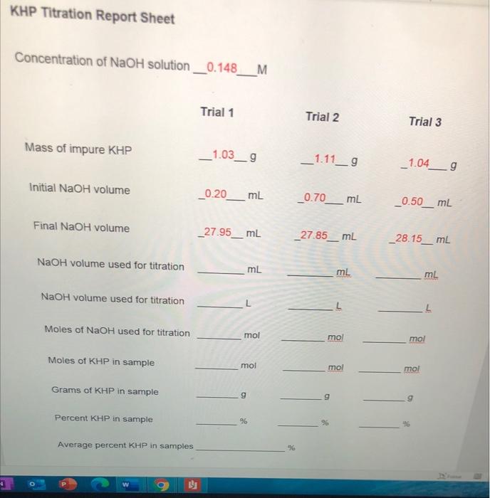 Solved KHP Titration Report Sheet Concentration of NaOH