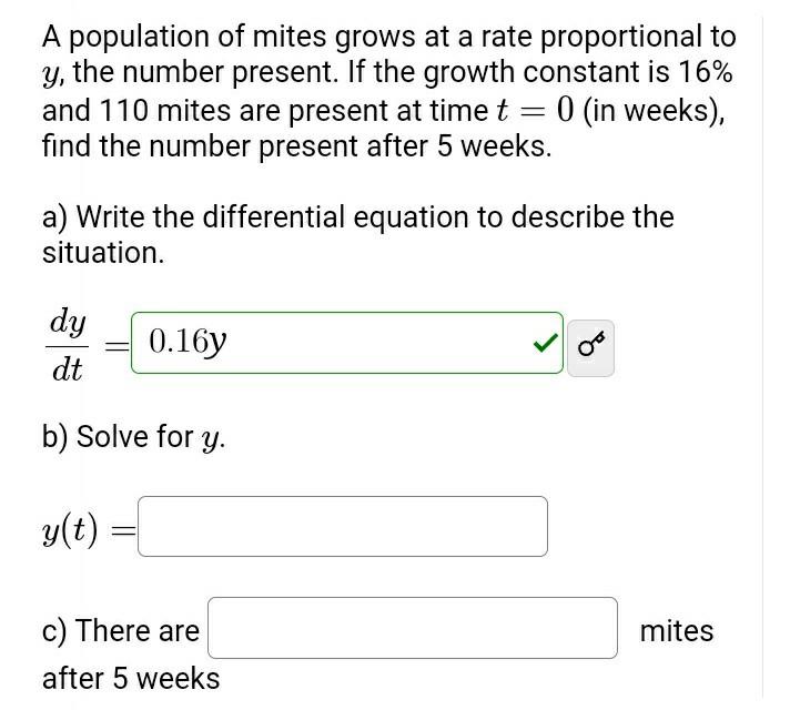 Solved b) Solve for ( y ). c) There are ______ mites after 5 | Chegg.com